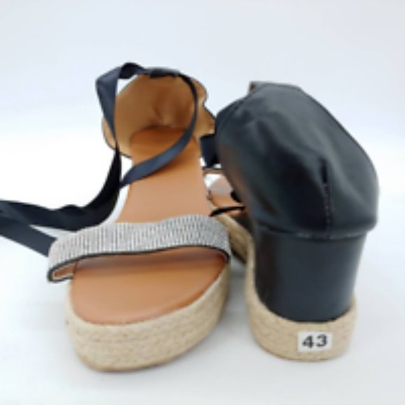 Yasirun Womens Espadrilles Sandals Black Wedge Heels Rhinestone 10 EUR 43 New - Picture 3 of 9